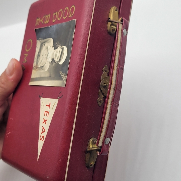 VTG RARE Small Wood DARK Red SuitcaseTexas JAPAN Letters Design Multipurpose Box - Picture 2 of 11